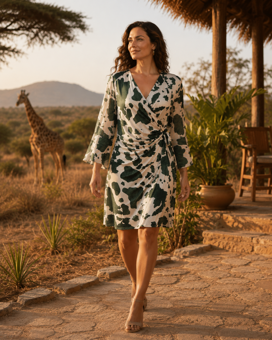 TroisKa Giraffe Green Wrap Dress