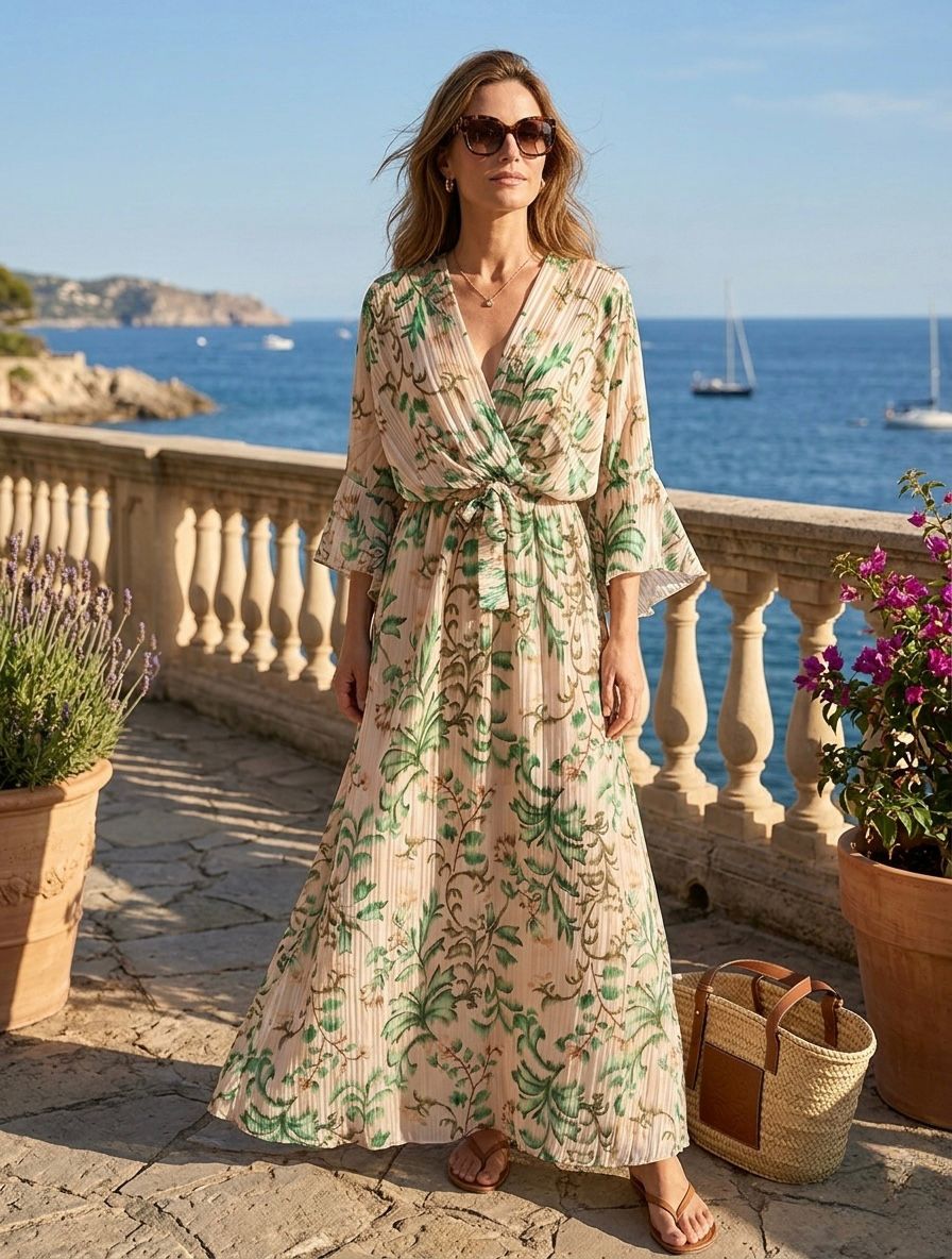 TroisKa Amalfi Verde Waist Bow Maxi Dress