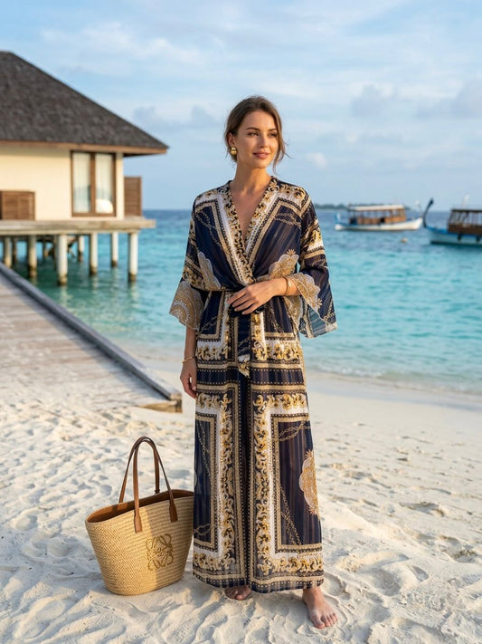 TroisKa Amalfi Noir Waist Bow Maxi Dress