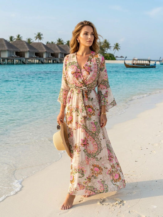 TroisKa Paisley Blossom Waist Bow Maxi Dress