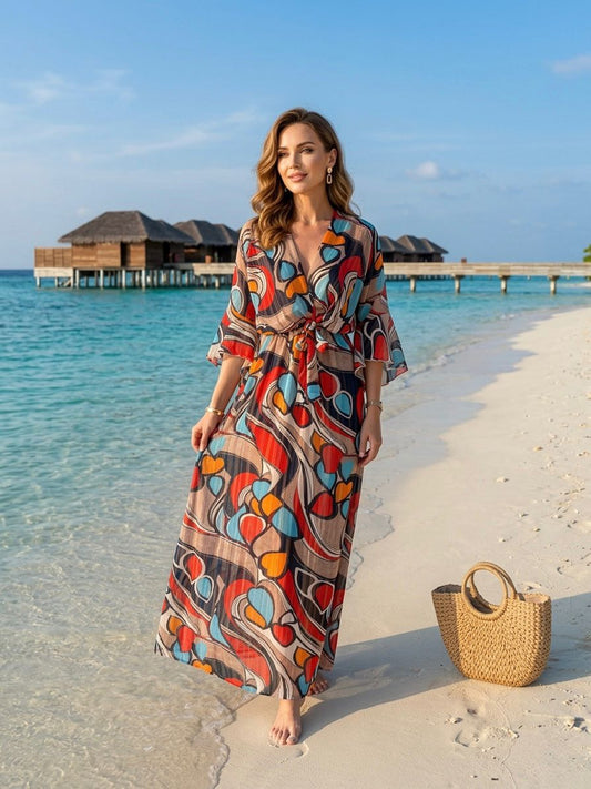 TroisKa Sunset Print Waist Bow Maxi Dress