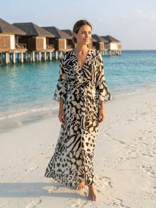 TroisKa Animal Mix Waist Bow Maxi Dress