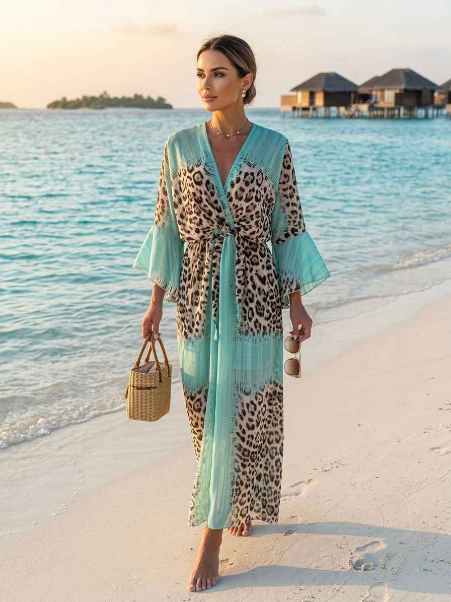 TroisKa Leopard Mint Waist Bow Maxi Dress