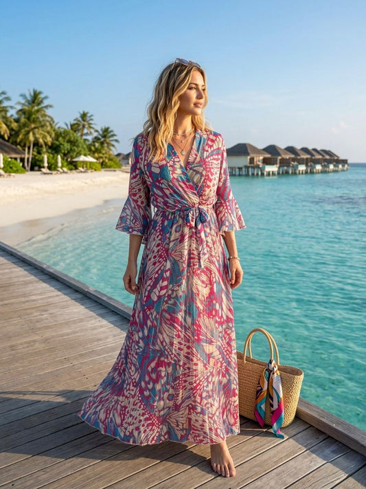 TroisKa Pink Bleu Waist Bow Maxi Dress